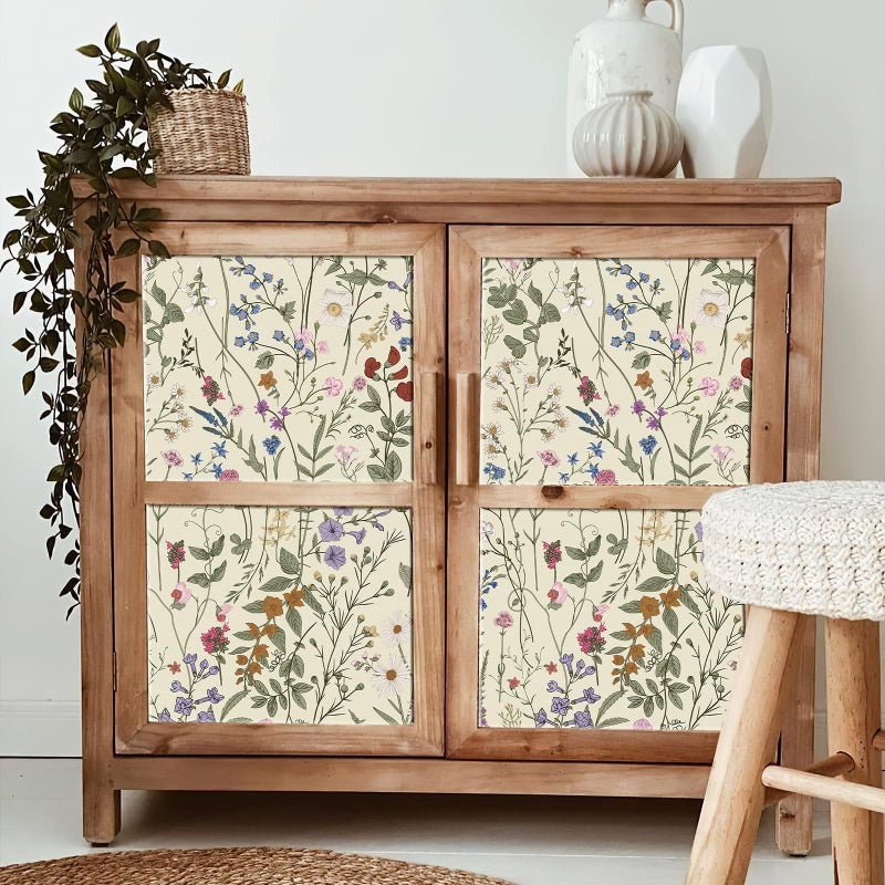 JiffDiff Wallpaper Self-Adhesive Blooming Vintage Colourful Flowers Wall Paper for Bedroom Living Room Cabinet, Peel and Stick Beige Sketch Little Flowers Wallpaper Mural 7.1 sq. feet (59"x17.3") - Image 3