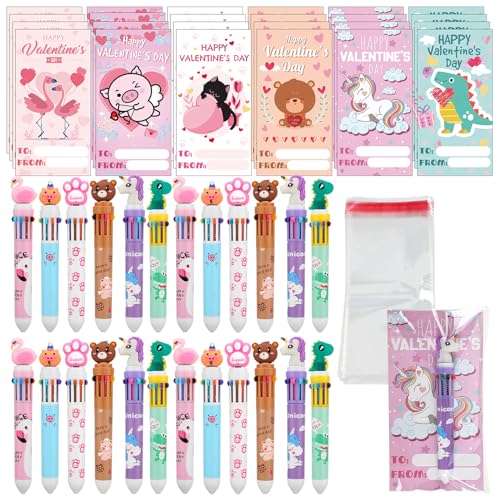 Glenmal 24 Pack Valentines Day Gifts for Kids Classroom Valentines Stationery Gift with Cards Multicolor Ballpoint Pen Opp Bags Bulk Valentine Party Favors for Kids Exchange Prize - Image 1