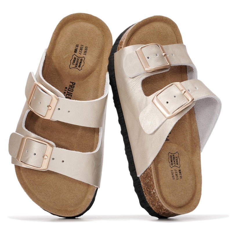 Project Cloud 100% Genuine Leather Kids Sandals - Natural Cork Footbed Non-Slip Slides for Kids - Lightweight Boys & Girls Sandals - Water-Resistant Girls & Boys Sandals (LittleVenita,GOLD,5K)