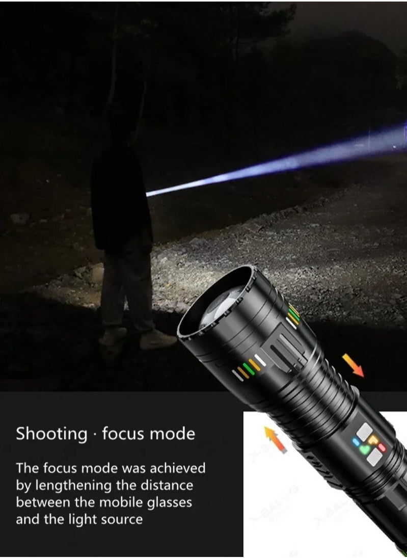2 in 1 LED Flashlight with Power Bank Luminous Strip 2400mAh 4 Battery 3000M Plus Range Outdoor Flash Light Torch with 5 Color Lenses Type C