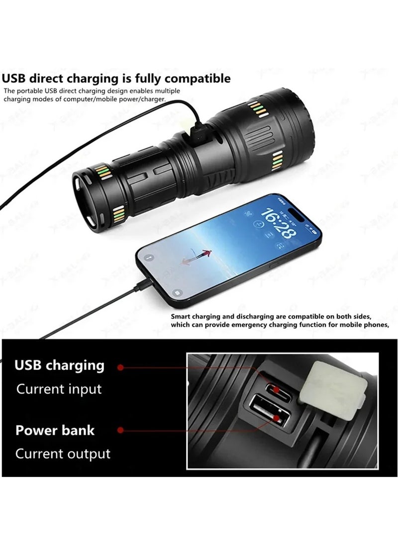 2 in 1 LED Flashlight with Power Bank Luminous Strip 2400mAh 4 Battery 3000M Plus Range Outdoor Flash Light Torch with 5 Color Lenses Type C