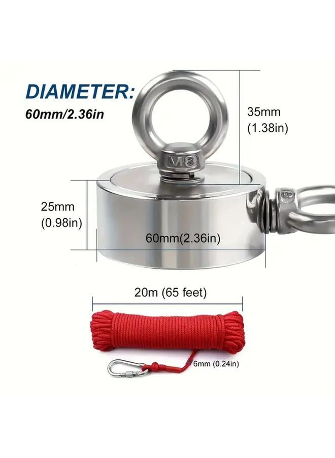 260 Lbs Double Sided Fishing Magnet 60mm With 20m Rope And Hooks - Image 3
