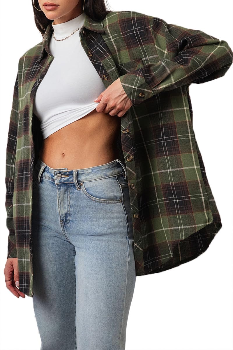 CHYRII Womens Button Down Flannel Shirts Long Sleeve Plaid Shacket Business Casual Blouse Tops 7157-Army Green M - Image 1