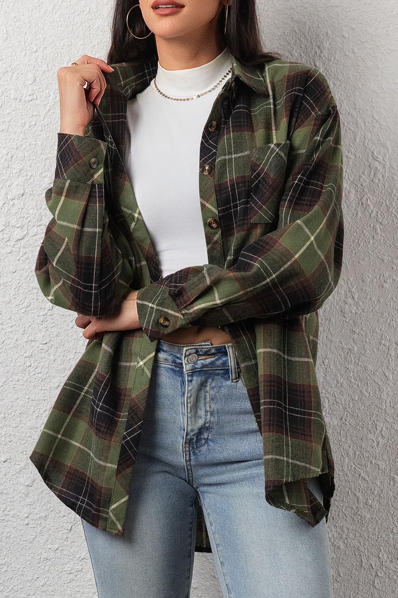 CHYRII Womens Button Down Flannel Shirts Long Sleeve Plaid Shacket Business Casual Blouse Tops 7157-Army Green M - Image 3