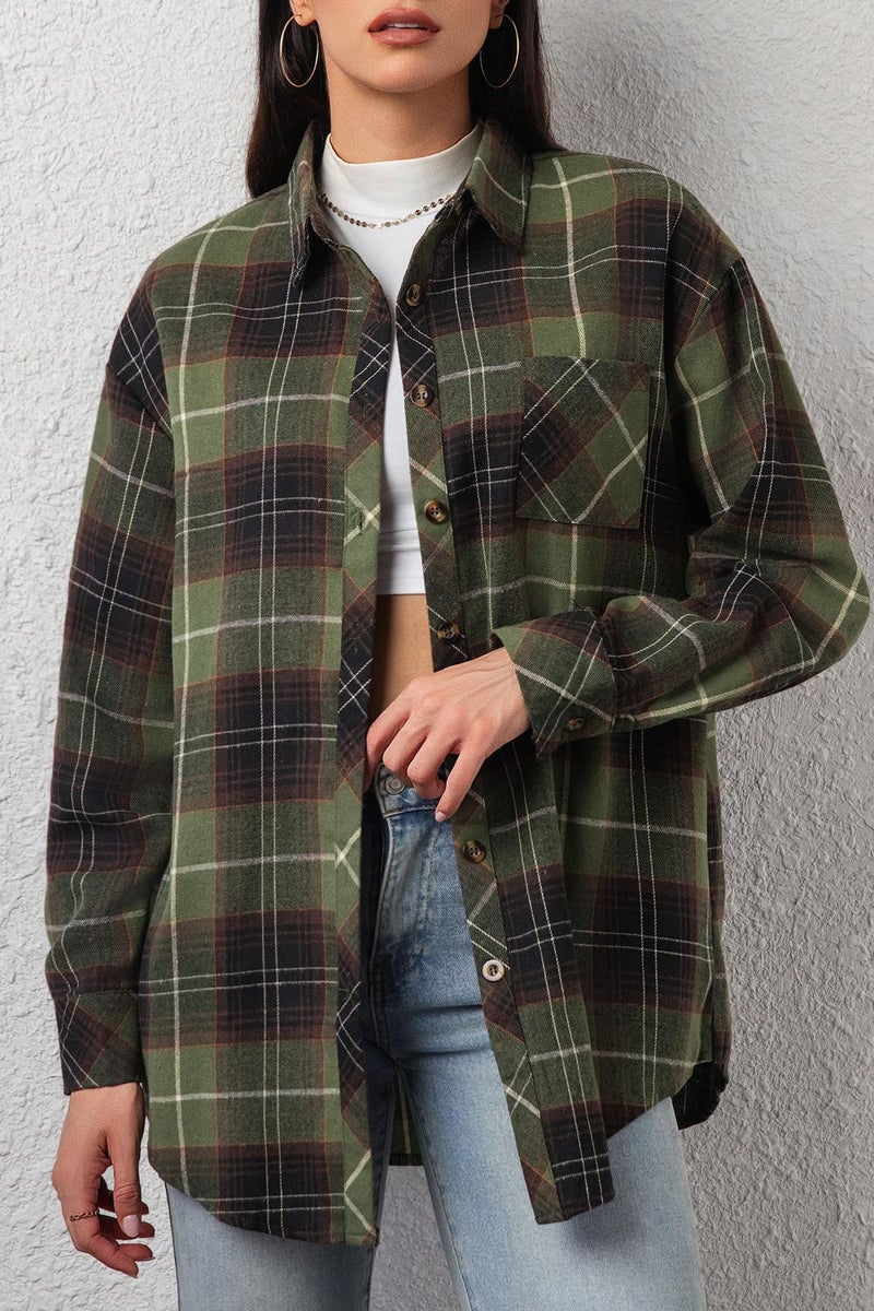 CHYRII Womens Button Down Flannel Shirts Long Sleeve Plaid Shacket Business Casual Blouse Tops 7157-Army Green M - Image 4
