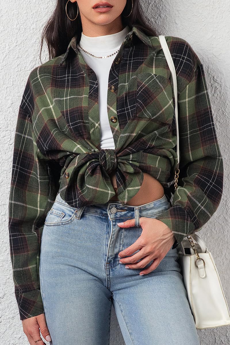 CHYRII Womens Button Down Flannel Shirts Long Sleeve Plaid Shacket Business Casual Blouse Tops 7157-Army Green M - Image 2