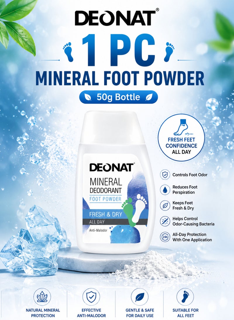 DEONAT Pack of 1 DEONAT Mineral Deodorant Foot Powder 50g Fresh and Dry All Day Anti-Malodor Foot Powder Helps Control Foot Odor Reduce Foot Perspiration Keep Feet Fresh and Comfortable Daily Foot Care for Men and Women - Image 1
