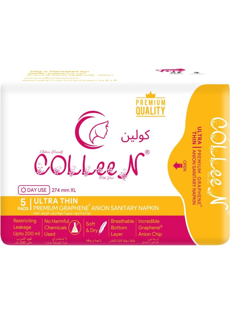 Colleen Ultra Thin Premium Graphene Anion XL Sanitary Napkin 274 MM Mid Flow Day Use 5Pads - Image 1