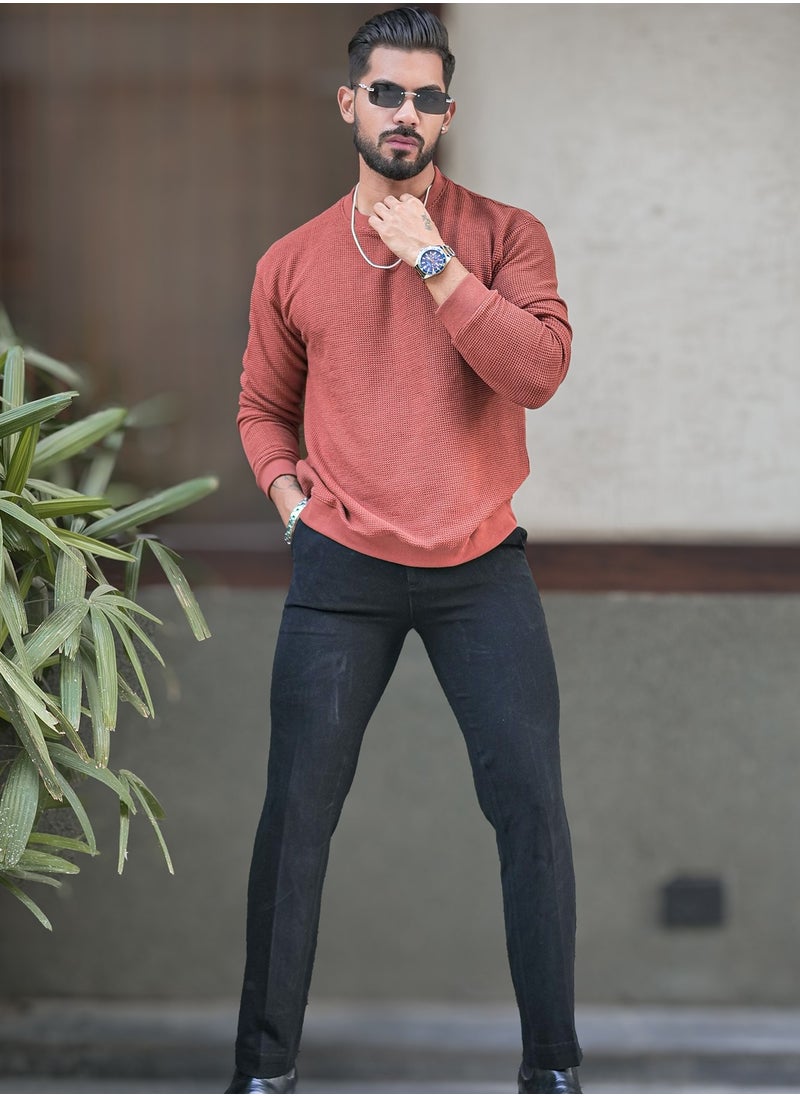 Maniac Maniac Men Solid Round Neck Full Sleeve Rust Cotton Sweatshirt  - Image 5