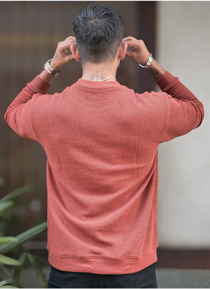 Maniac Maniac Men Solid Round Neck Full Sleeve Rust Cotton Sweatshirt  - Image 4