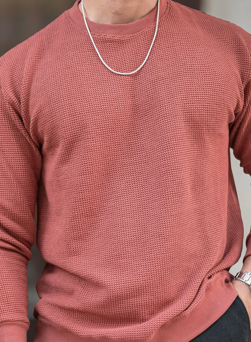 Maniac Maniac Men Solid Round Neck Full Sleeve Rust Cotton Sweatshirt