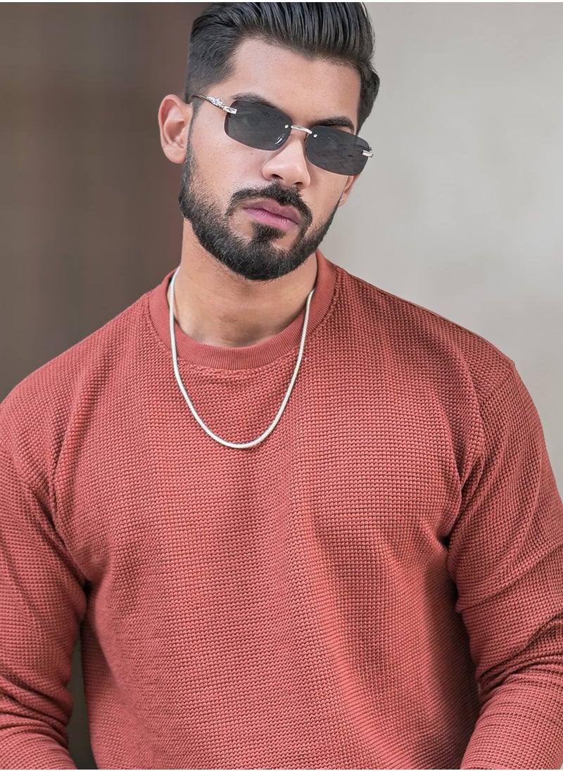 Maniac Maniac Men Solid Round Neck Full Sleeve Rust Cotton Sweatshirt  - Image 1