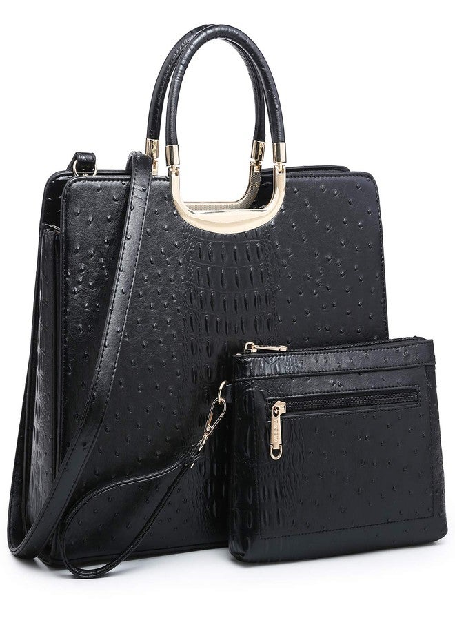 Dasein Womens Handbag Top Handle Shoulder Bag Tote Satchel Purse Work Bag with Matching Wallet, 3-ostrich Black, average - Image 1