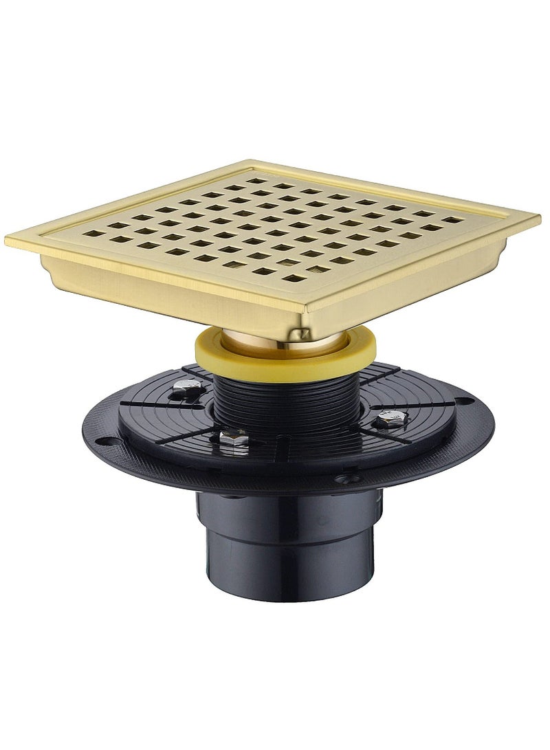 XiuWoo 6 Inch Square Shower Floor Drain with Base, Food-Grade SUS 304 Stainless Steel, Adjustable Adapter Strainer Removable Mesh Grille, Brushed Gold Brass - Image 1