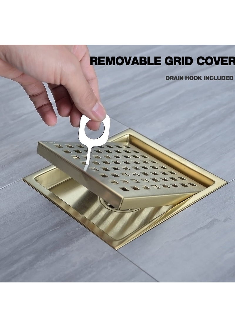 XiuWoo 6 Inch Square Shower Floor Drain with Base, Food-Grade SUS 304 Stainless Steel, Adjustable Adapter Strainer Removable Mesh Grille, Brushed Gold Brass - Image 5