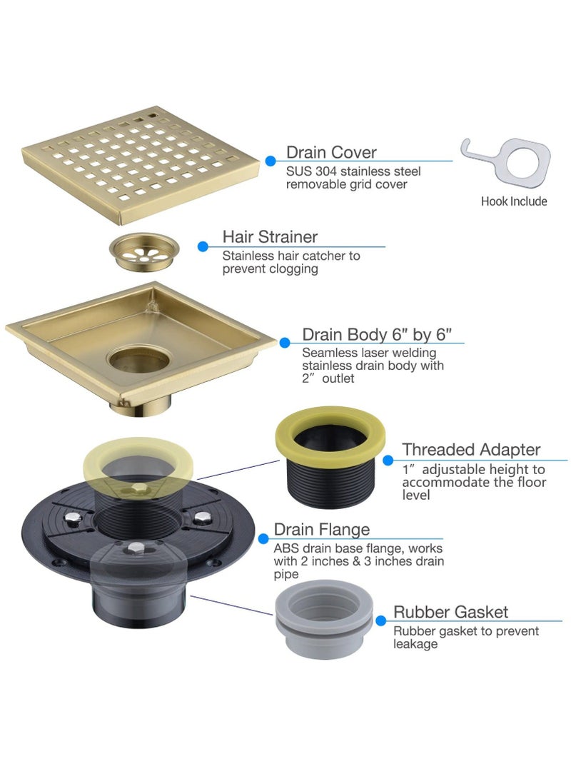 XiuWoo 6 Inch Square Shower Floor Drain with Base, Food-Grade SUS 304 Stainless Steel, Adjustable Adapter Strainer Removable Mesh Grille, Brushed Gold Brass - Image 3