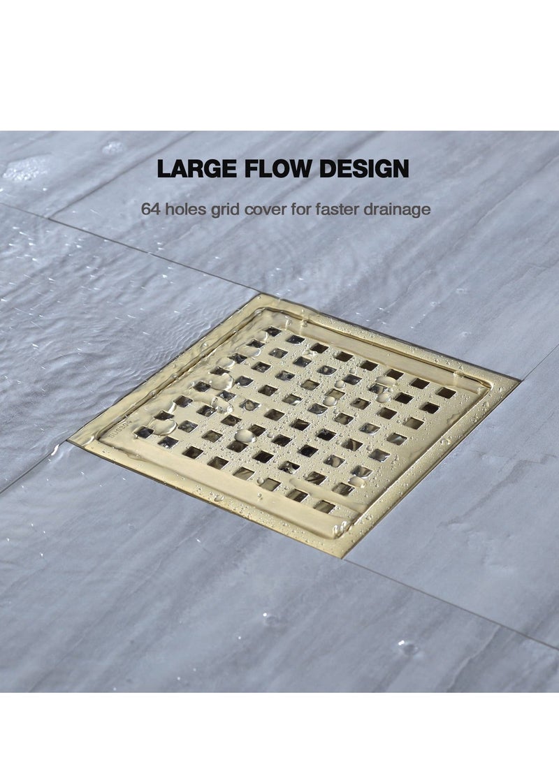 XiuWoo 6 Inch Square Shower Floor Drain with Base, Food-Grade SUS 304 Stainless Steel, Adjustable Adapter Strainer Removable Mesh Grille, Brushed Gold Brass - Image 4