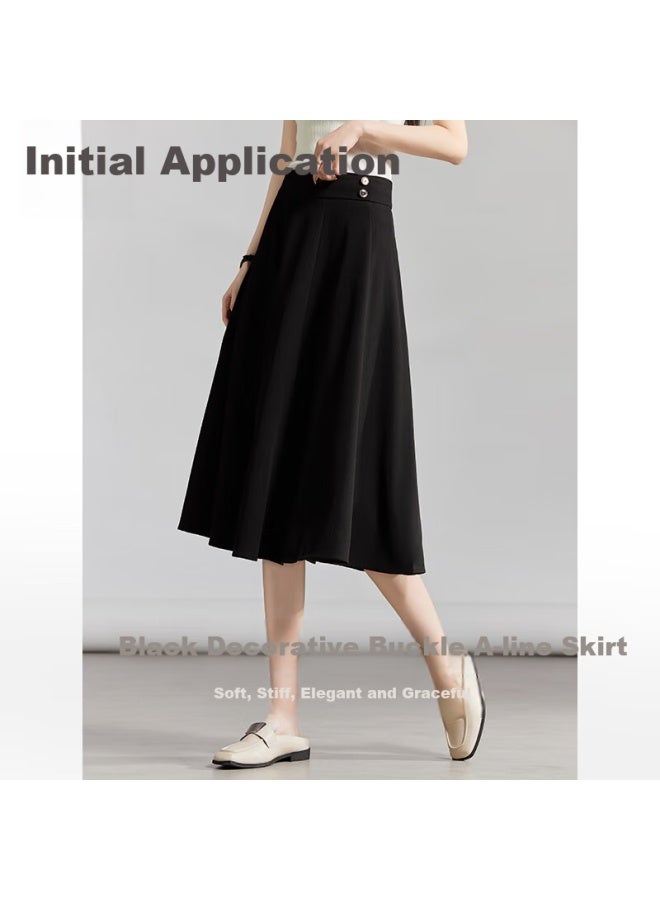 First Application Chushen Women's Fashion High Waist A-line Slimming Commuter Solid Color Ol Big Swing Umbrella Skirt S136b2749 Black 2XL - Image 1