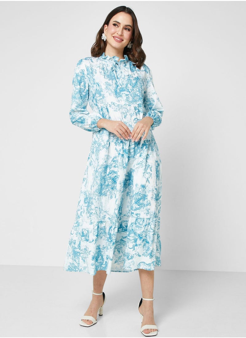 ELLA - Ruffled Neck Printed Dress - Image 1