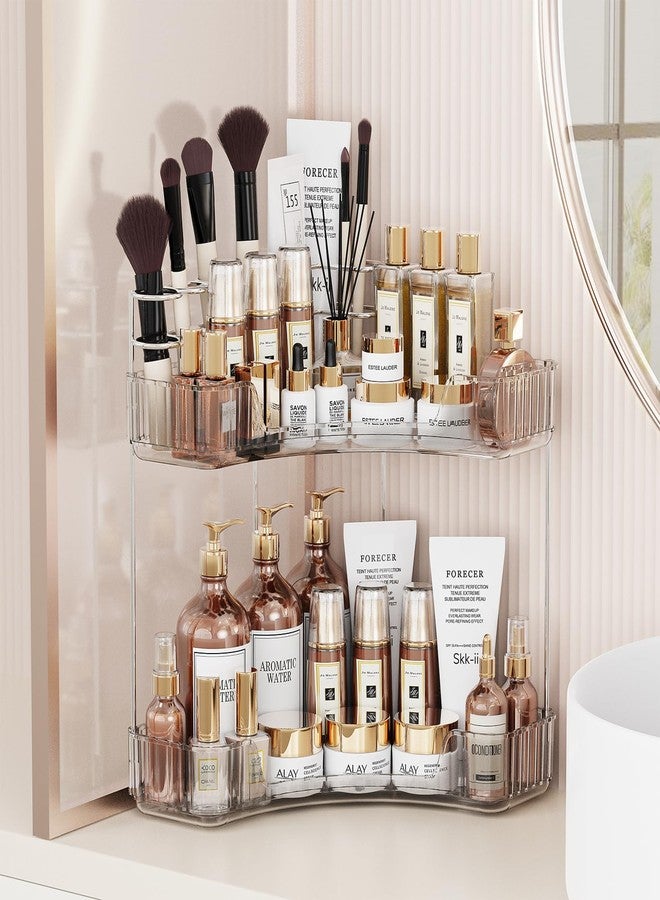 Asayuee 2-Tier Corner Bathroom Counter Organizer with Top Toothbrush Holders,Large Makeup Organizer Countertop with Brush Holder,Skincare Organizers Corner,Exquisite Vanity Organizer(Clear, 2 Tier) - Image 1