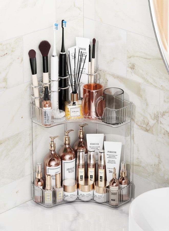 Asayuee 2-Tier Corner Bathroom Counter Organizer with Top Toothbrush Holders,Large Makeup Organizer Countertop with Brush Holder,Skincare Organizers Corner,Exquisite Vanity Organizer(Clear, 2 Tier) - Image 4