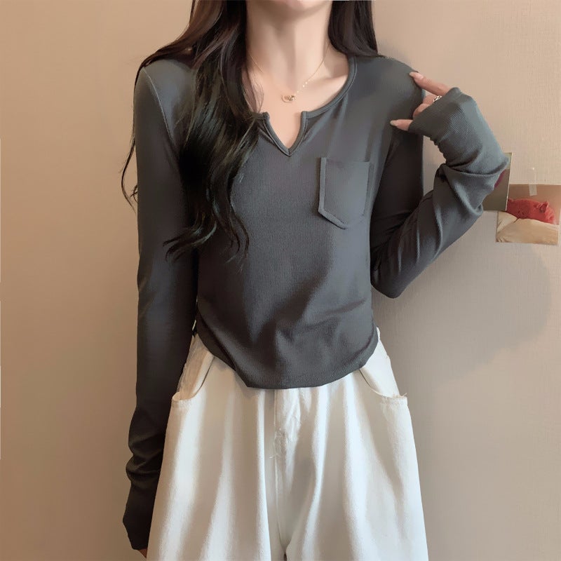 Real S Price With Ammonia Brushed Thin Velvet V-Neck Long-Sleeved T-Shirt Women'S Pocket Bottoming Shirt - Image 1