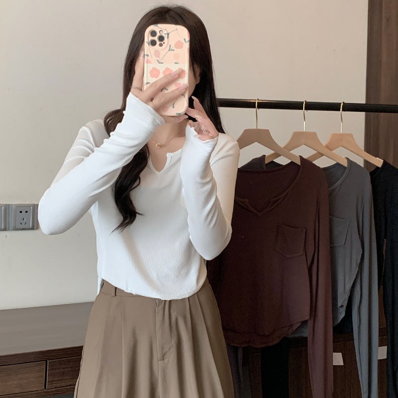 Real S Price With Ammonia Brushed Thin Velvet V-Neck Long-Sleeved T-Shirt Women'S Pocket Bottoming Shirt - Image 2