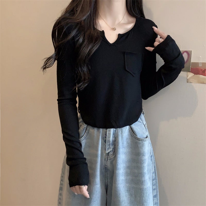 Real S Price With Ammonia Brushed Thin Velvet V-Neck Long-Sleeved T-Shirt Women'S Pocket Bottoming Shirt - Image 4