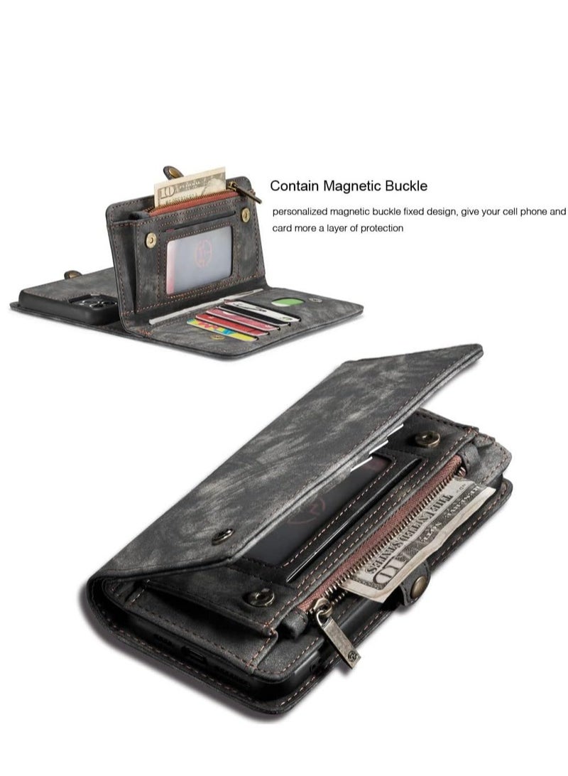 SYOSI Case for iPhone 13/13 Pro/13 Pro Max/13 Mini, Zipper Wallet Kickstand Leather Card Protector Cover with Adjustable Removable Strap, Black, 13 6.1" - Image 2