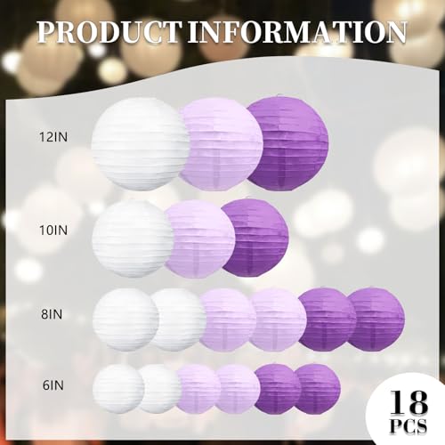 Zankubom 20Pcs Purple Light Purple White Paper Lanterns for Parties 6 8 10 12 Chinese Asian Hanging Round Paper Lanterns for Birthday Wedding Halloween Christmas Home Decor Party Decor - Image 3