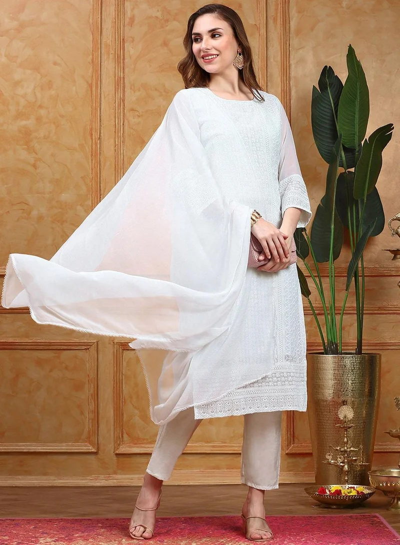 آي شين Women's White Georgette Printed Tunic Full Length Casual Regular Fit Kurta Set