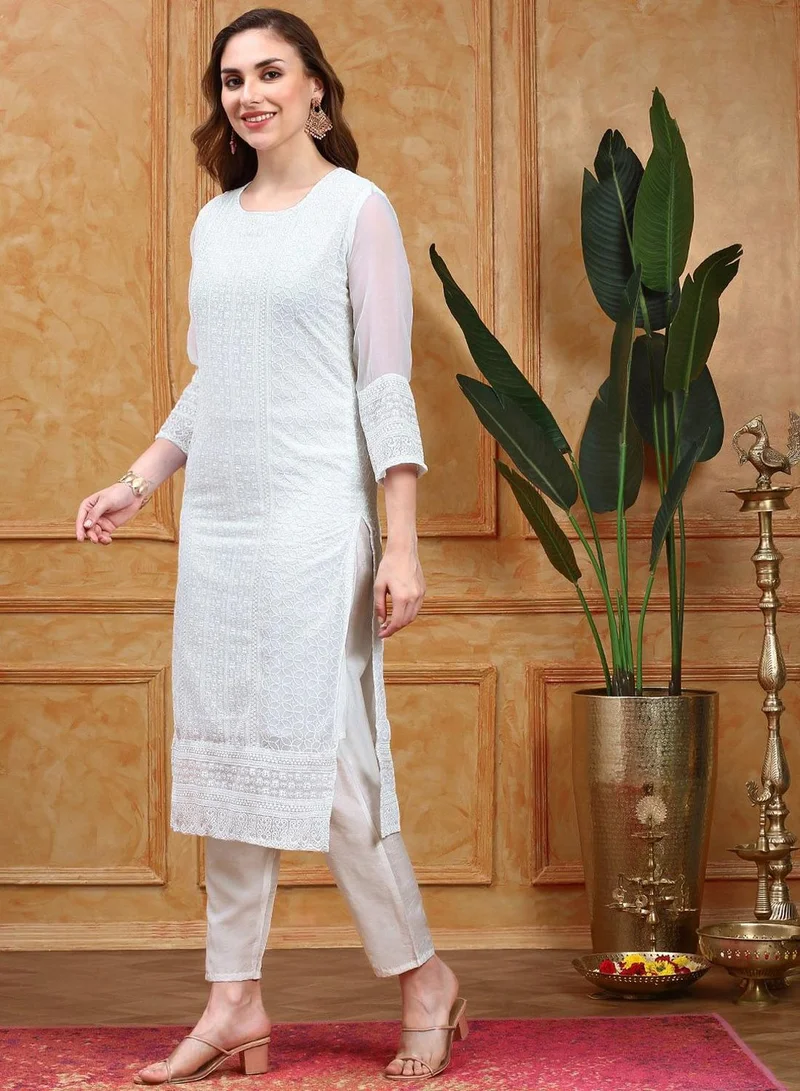 آي شين Women's White Georgette Printed Tunic Full Length Casual Regular Fit Kurta Set