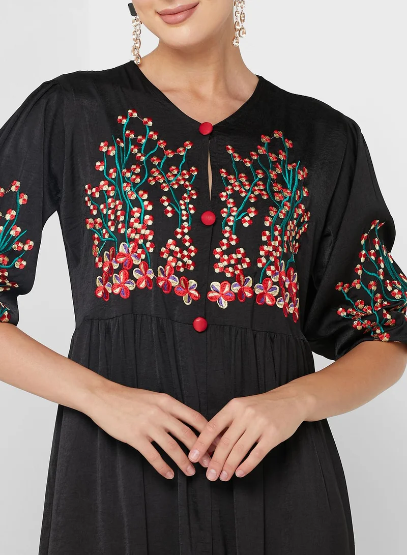 hayas closet Button Detail Balloon Sleeve Embroidered Dress