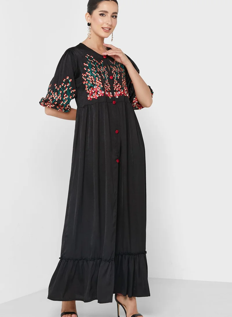 hayas closet Button Detail Balloon Sleeve Embroidered Dress