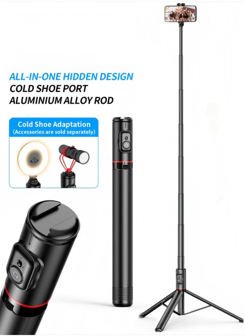 All-in-One Hidden Design Multi-Functional Stable Tripod Selfie Stick  1.84m（72.05inch）with Rechargeable Bluetooth Remote, Compatible with iPhone and Android Smartphones, Perfect for Travel, Vlog, Video and Photo