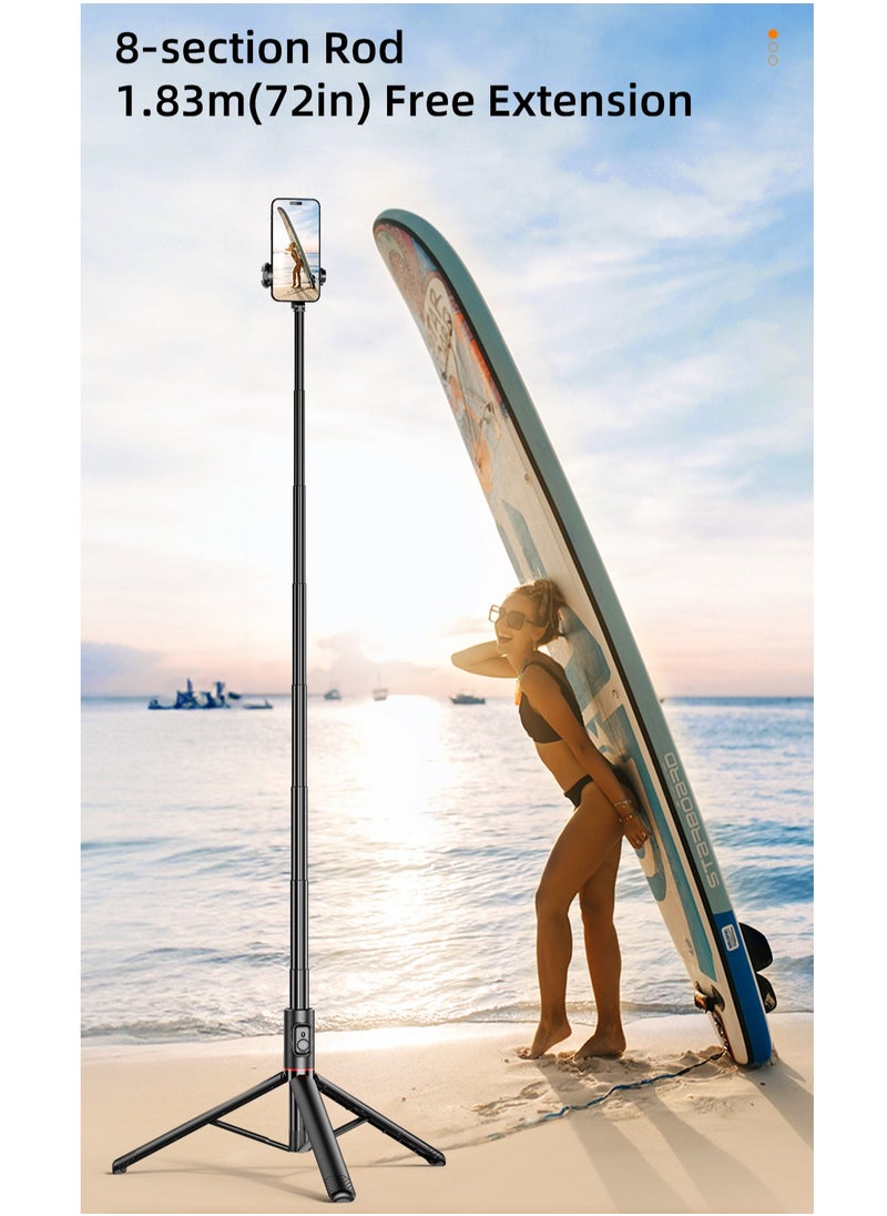 Generic - All-in-One Hidden Design Multi-Functional Stable Tripod Selfie Stick  1.84m（72.05inch）with Rechargeable Bluetooth Remote, Compatible with iPhone and Android Smartphones, Perfect for Travel, Vlog, Video and Photo - Image 1