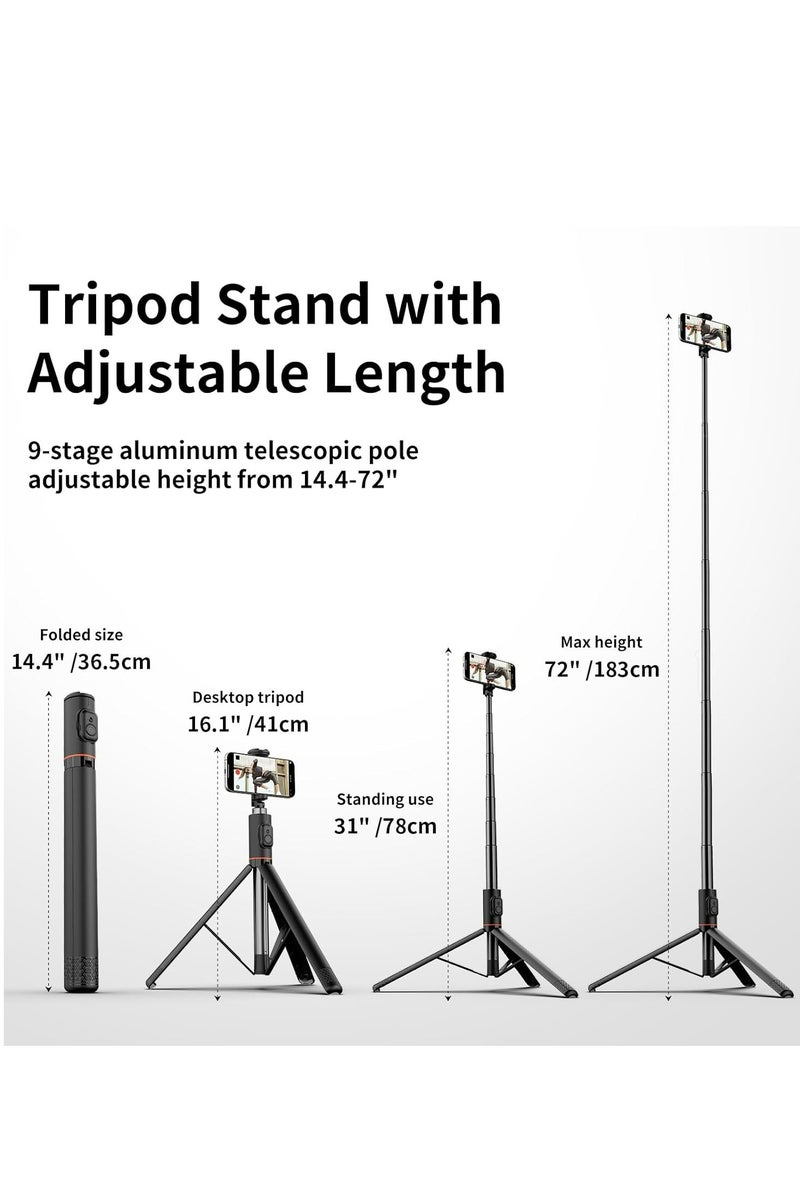 72"All-in-One Hidden Design Multi-Functional Stable Tripod Selfie Stick   with Rechargeable Bluetooth Remote, Compatible with iPhone and Android Smartphones, Perfect for Travel, Vlog, Video and Photo  - Image 3