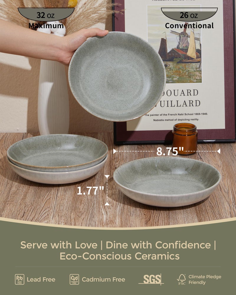 Pokini Pasta Bowls of 4, 32 Oz Salad Bowls Soup Bowls, Large Pasta Serving Bowl Porcelain Pasta Plates, Wide and Deep Bowls Set Microwave & Dishwasher Safe-Gradient Green - Image 2