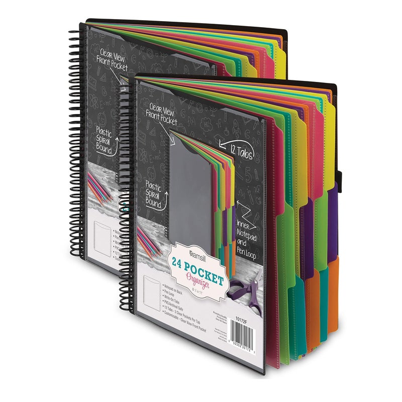 Samsill Samsill 2 Pack Deluxe 24 Pocket Spiral Project Folder Organizer with 12 Dividers Notepad Customizable Front Cover Erasable Write On Tabs in Fashion Colors Plastic Folders with Pockets