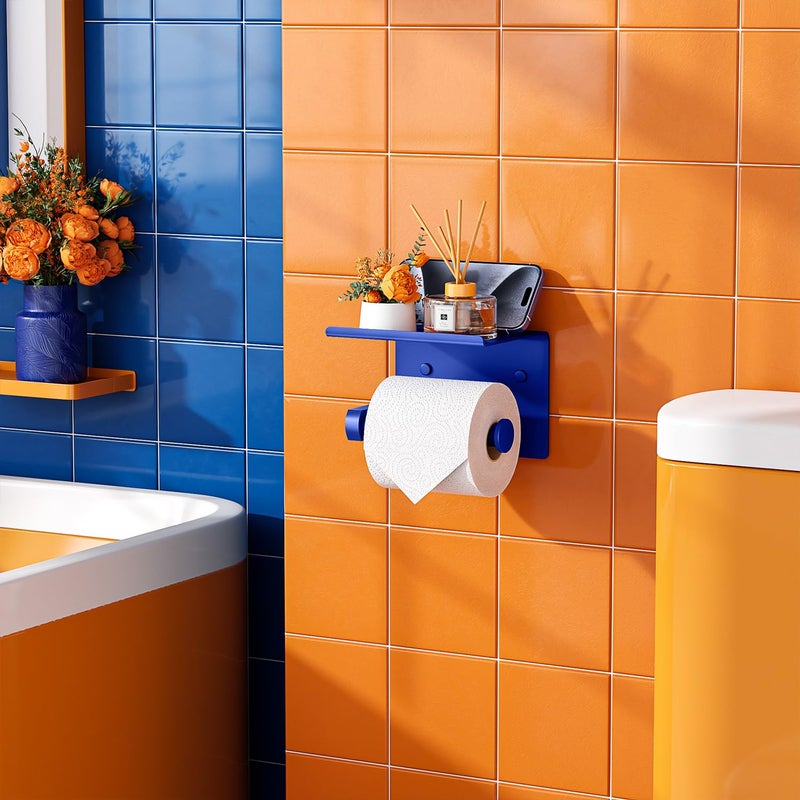 Tindbea Toilet Paper Holder with Shelf Adhesive or Screw Wall Mounted Toilet Paper Roll Dispenser Storage  Stainless Steel Bathroom Shelf Holder Accessories (Klein Blue) - Image 1