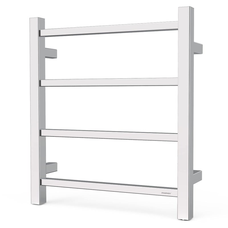 SHARNDY سخان مناشف شاردني كروم مصقول مثبت على الحائط للحمام سخان مناشف كهربائي مزود بمقابس حامل مناشف ساخن من الفولاذ المقاوم للصدأ مربع 4 قضبان رف تجفيف ETW13-2A 35W 19.69x17.71x4.33 بوصة - Image 1