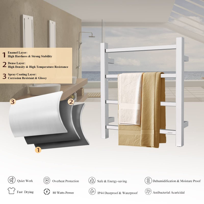 SHARNDY سخان مناشف شاردني كروم مصقول مثبت على الحائط للحمام سخان مناشف كهربائي مزود بمقابس حامل مناشف ساخن من الفولاذ المقاوم للصدأ مربع 4 قضبان رف تجفيف ETW13-2A 35W 19.69x17.71x4.33 بوصة - Image 4