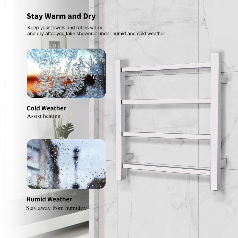 SHARNDY سخان مناشف شاردني كروم مصقول مثبت على الحائط للحمام سخان مناشف كهربائي مزود بمقابس حامل مناشف ساخن من الفولاذ المقاوم للصدأ مربع 4 قضبان رف تجفيف ETW13-2A 35W 19.69x17.71x4.33 بوصة - Image 3