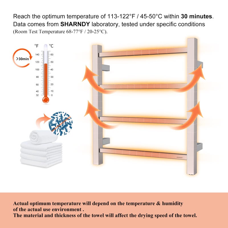 SHARNDY سخان مناشف شاردني كروم مصقول مثبت على الحائط للحمام سخان مناشف كهربائي مزود بمقابس حامل مناشف ساخن من الفولاذ المقاوم للصدأ مربع 4 قضبان رف تجفيف ETW13-2A 35W 19.69x17.71x4.33 بوصة - Image 2