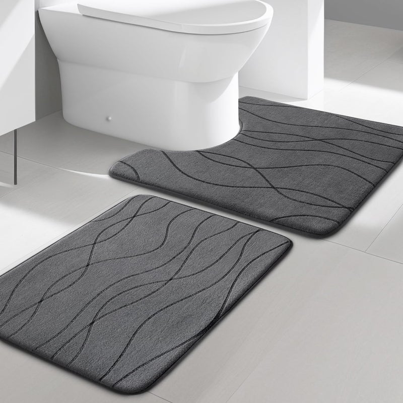 YIHOUSE Memory Foam Grey Bathroom Rug Sets 2 Piece, Ultra Absorbent Bath Mat for Bathroom - Non-Slip Machine Washable & Dry Quickly, 2 Piece Bathroom Mat Set, Dark Grey - Image 1