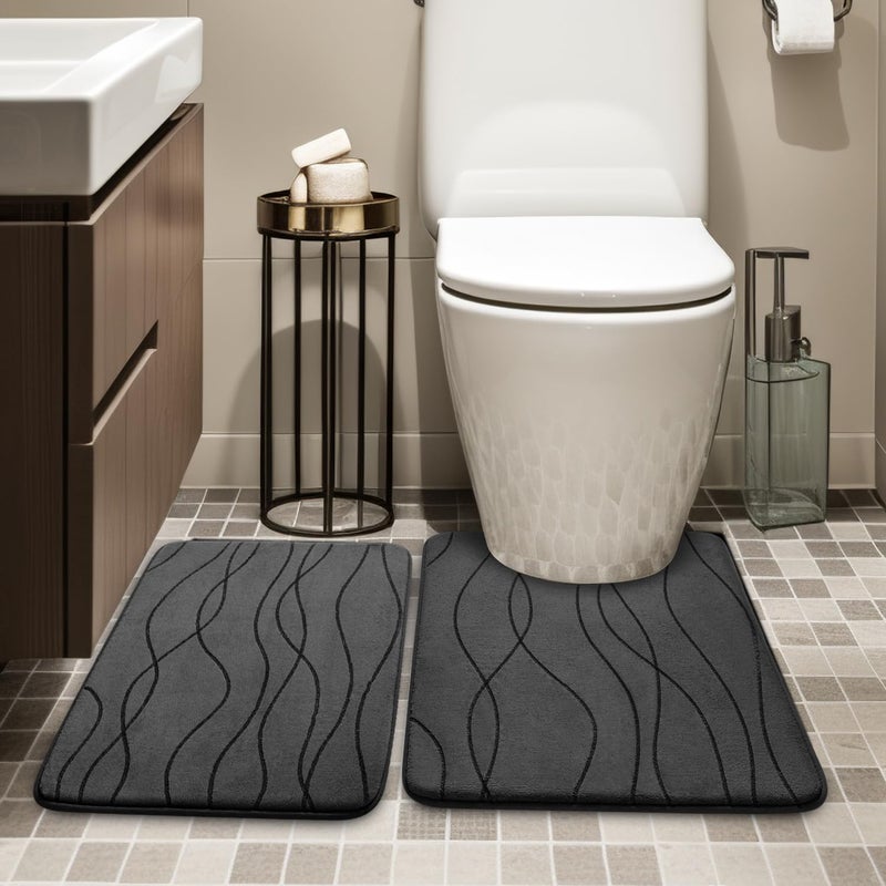 YIHOUSE Memory Foam Grey Bathroom Rug Sets 2 Piece, Ultra Absorbent Bath Mat for Bathroom - Non-Slip Machine Washable & Dry Quickly, 2 Piece Bathroom Mat Set, Dark Grey - Image 2