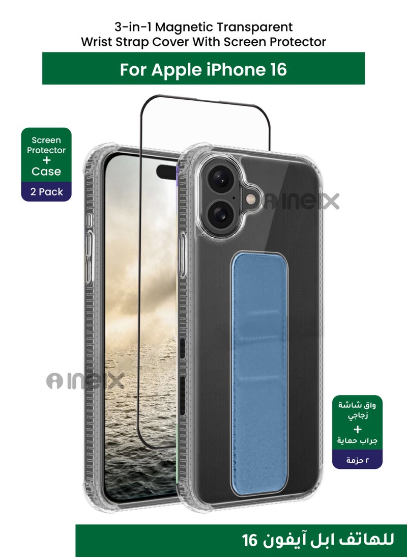 INEIX - 3-in-1 Magnetic Transparent Wrist Strap Hand Grip Stand Back Case Cover with Full BodyTempered Glass Screen Protector For Apple iPhone 16-Clear/Sky Blue - Image 1