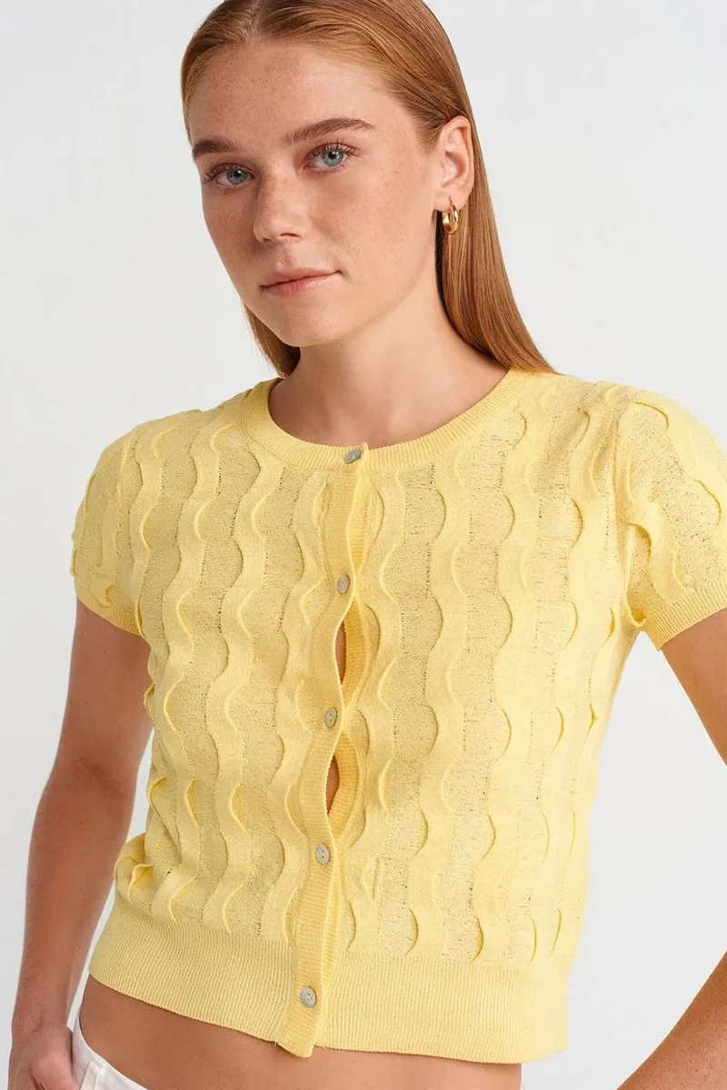 Dilvin Lemon Yellow DILVIN Women's Cropped Jacquard Button Cardigan for Women | Best Price UAE