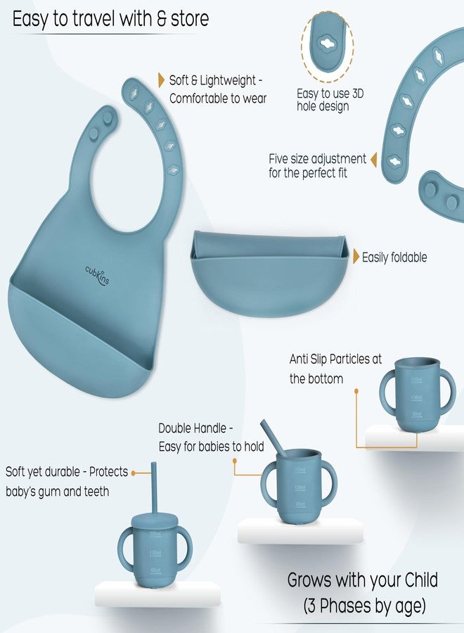 Cubkins Silicone Essential Feeding Set for Babies, Toddlers, Kids | BPA-Free & Microwave Safe | Plate & Bowl w Suction, Sippy Cup w Straw & Lid, Spoon, Fork, Early Feeding Spoon & Bib (Blue Olive) - Image 3
