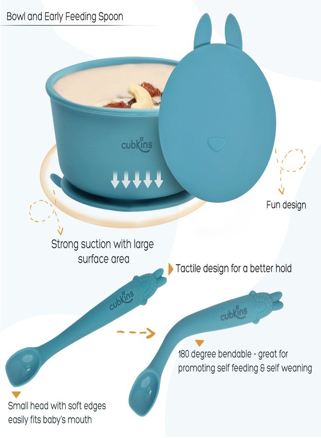Cubkins Silicone Essential Feeding Set for Babies, Toddlers, Kids | BPA-Free & Microwave Safe | Plate & Bowl w Suction, Sippy Cup w Straw & Lid, Spoon, Fork, Early Feeding Spoon & Bib (Blue Olive) - Image 4